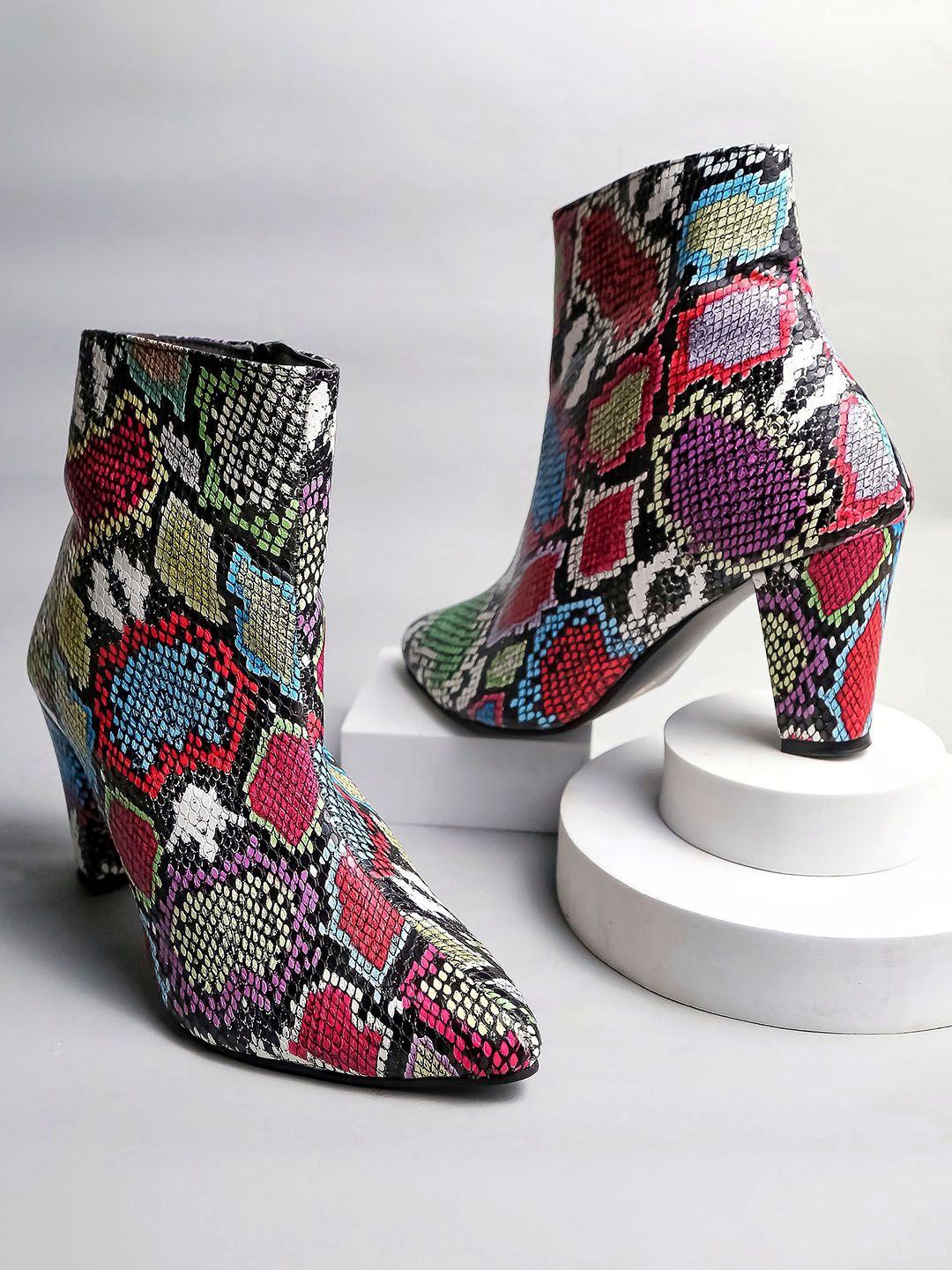brauch women mid top printed pointed toe block heel regular boots