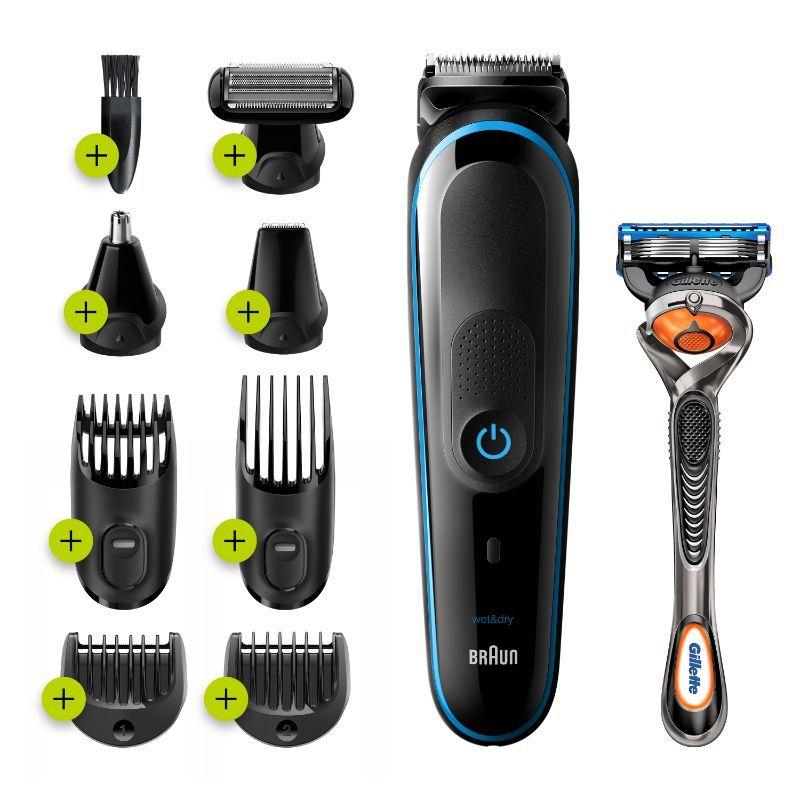 braun 9-in-1 beard trimmer mgk5280, body grooming kit & hair clipper, 100min run time, black/blue