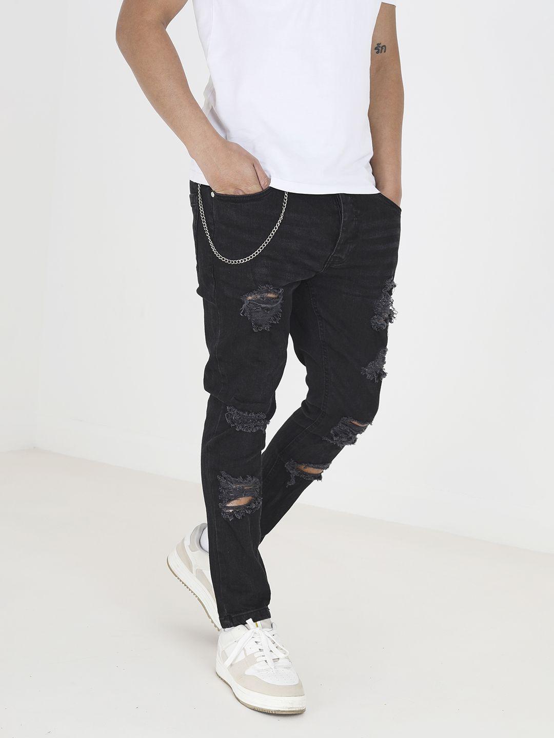 brave soul men skinny fit highly distressed stretchable jeans with metallic chain