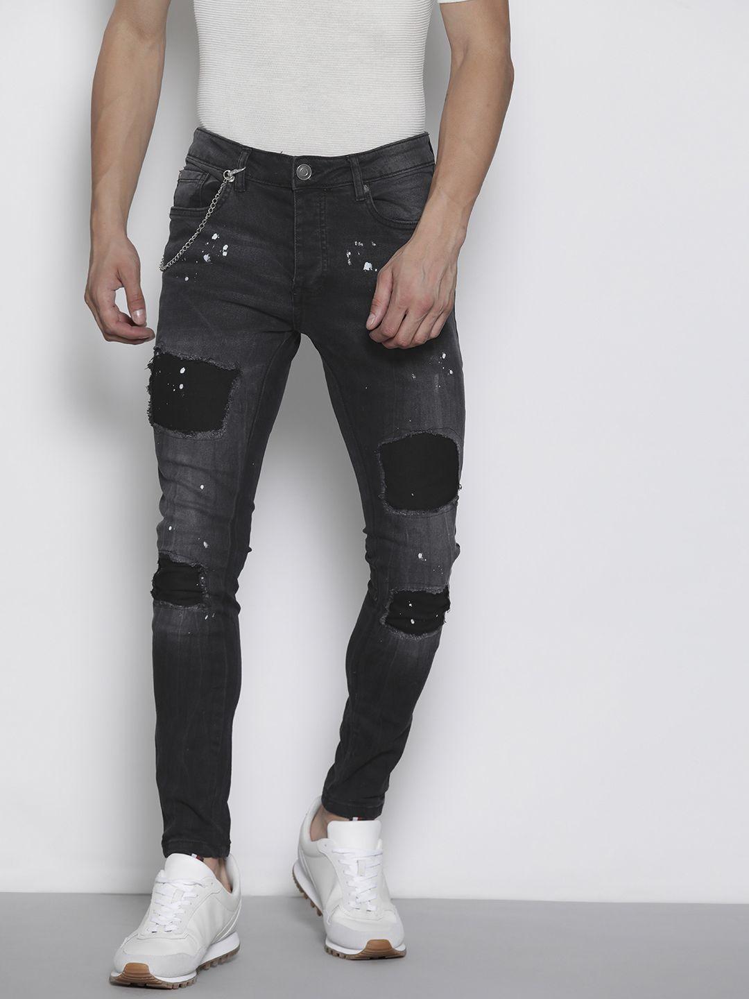 brave soul men skinny fit paint splatter stretchable jeans with chain