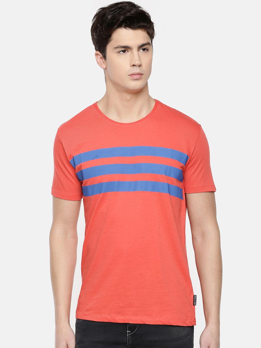 braveo men coral red  blue striped round neck pure cotton t-shirt