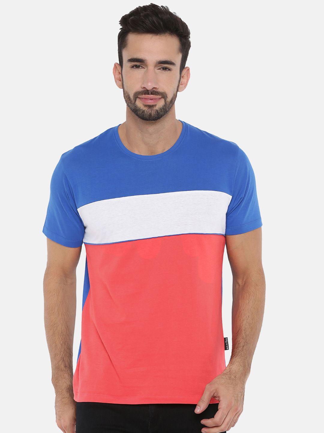 braveo men blue  pink colourblocked round neck pure cotton t-shirt