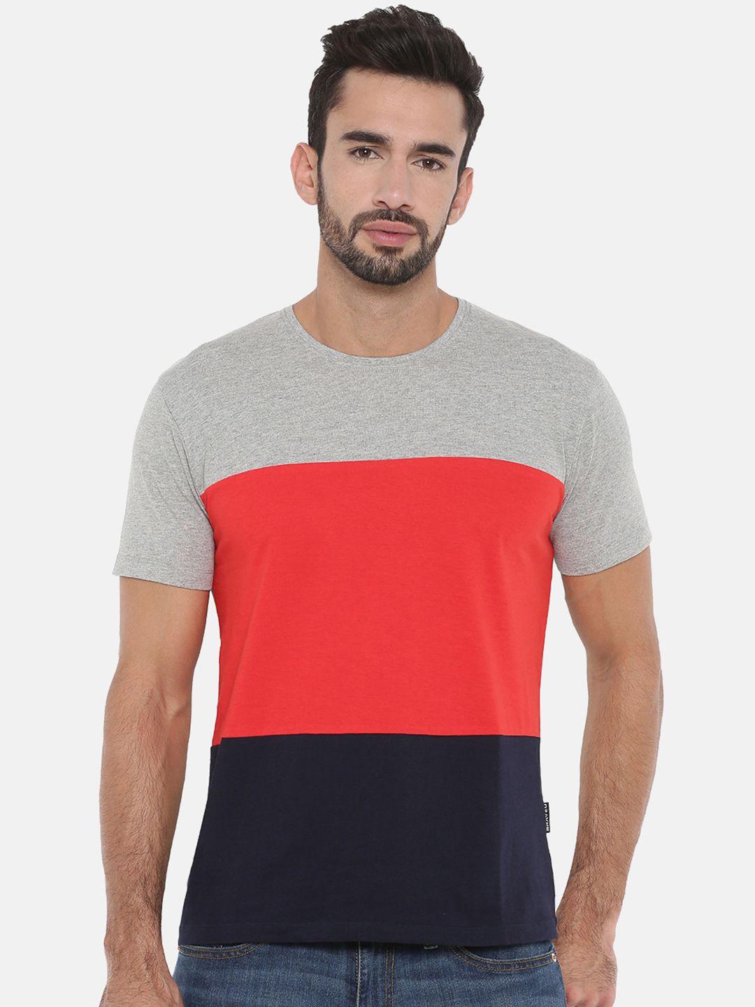 braveo men grey melange colourblocked round neck pure cotton t-shirt