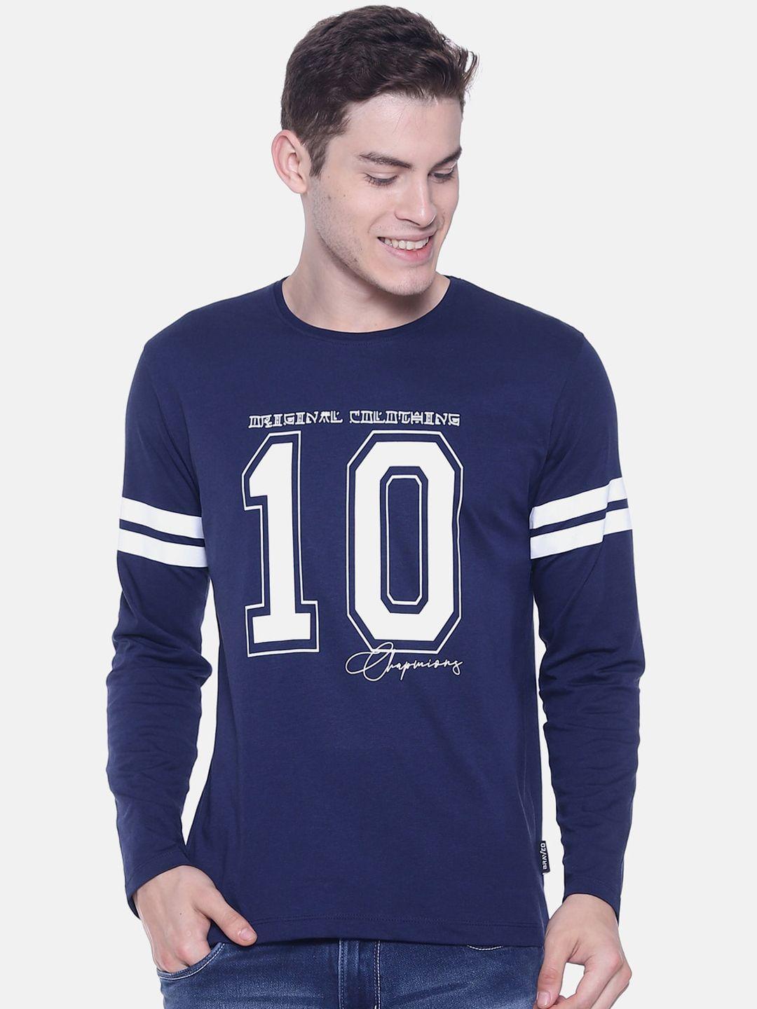 braveo men navy blue slim fit printed round neck t-shirt