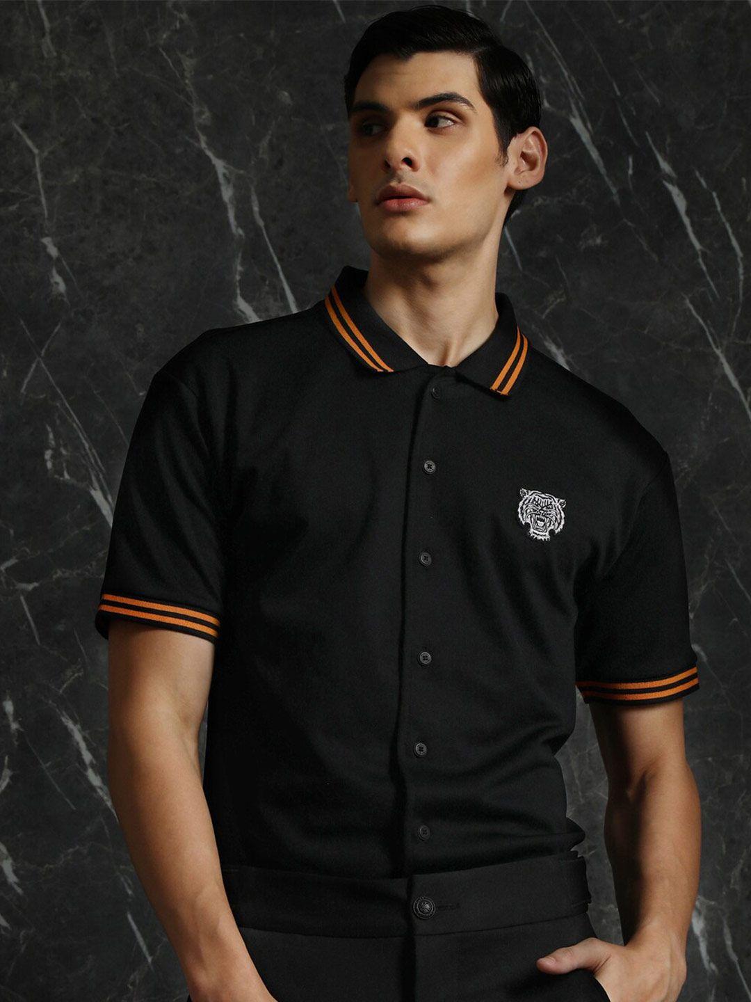 breakbounce black tailored fit applique detailed cotton casual shirt