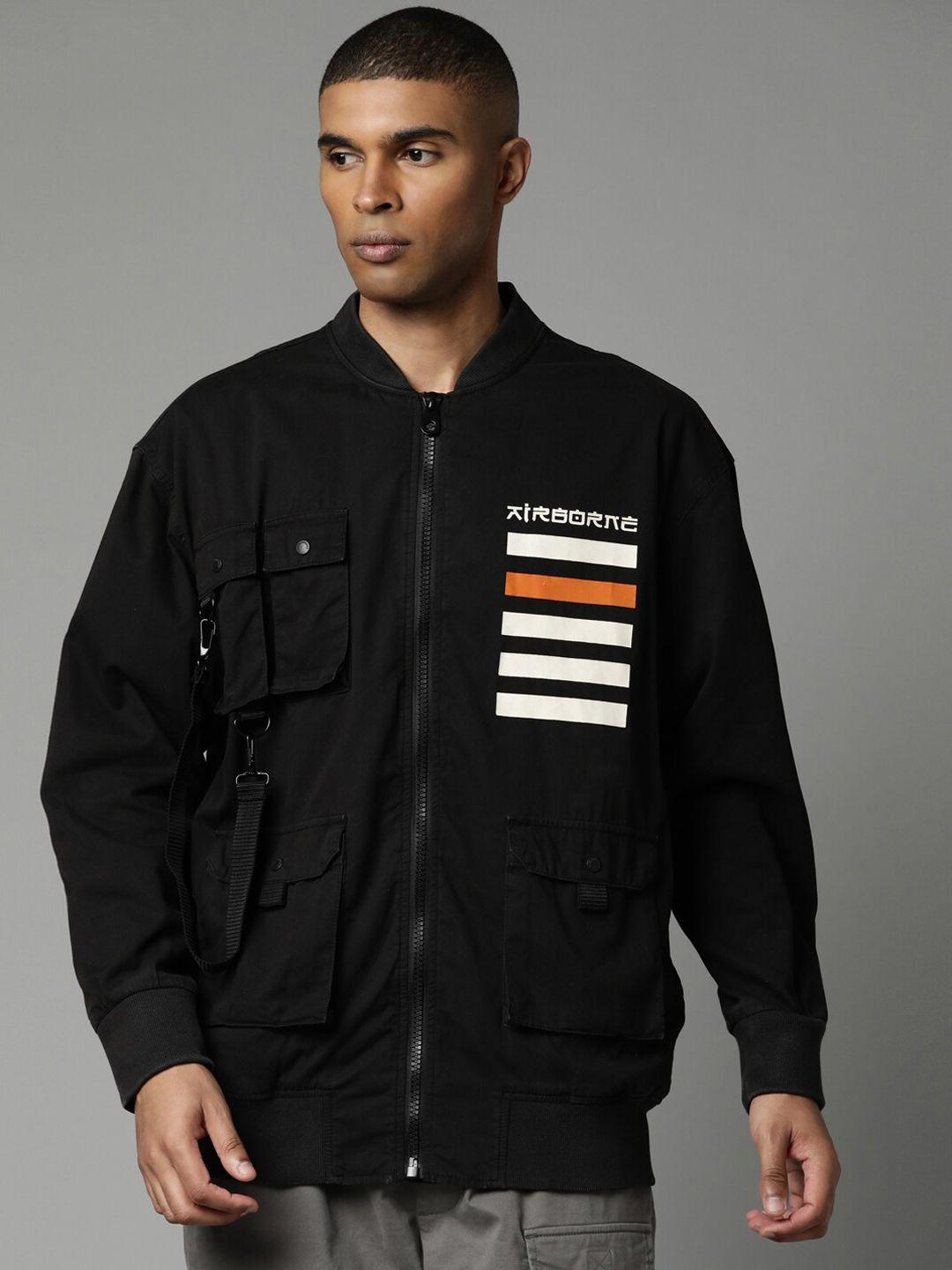 breakbounce men black geometric printed cotton bomber jacket
