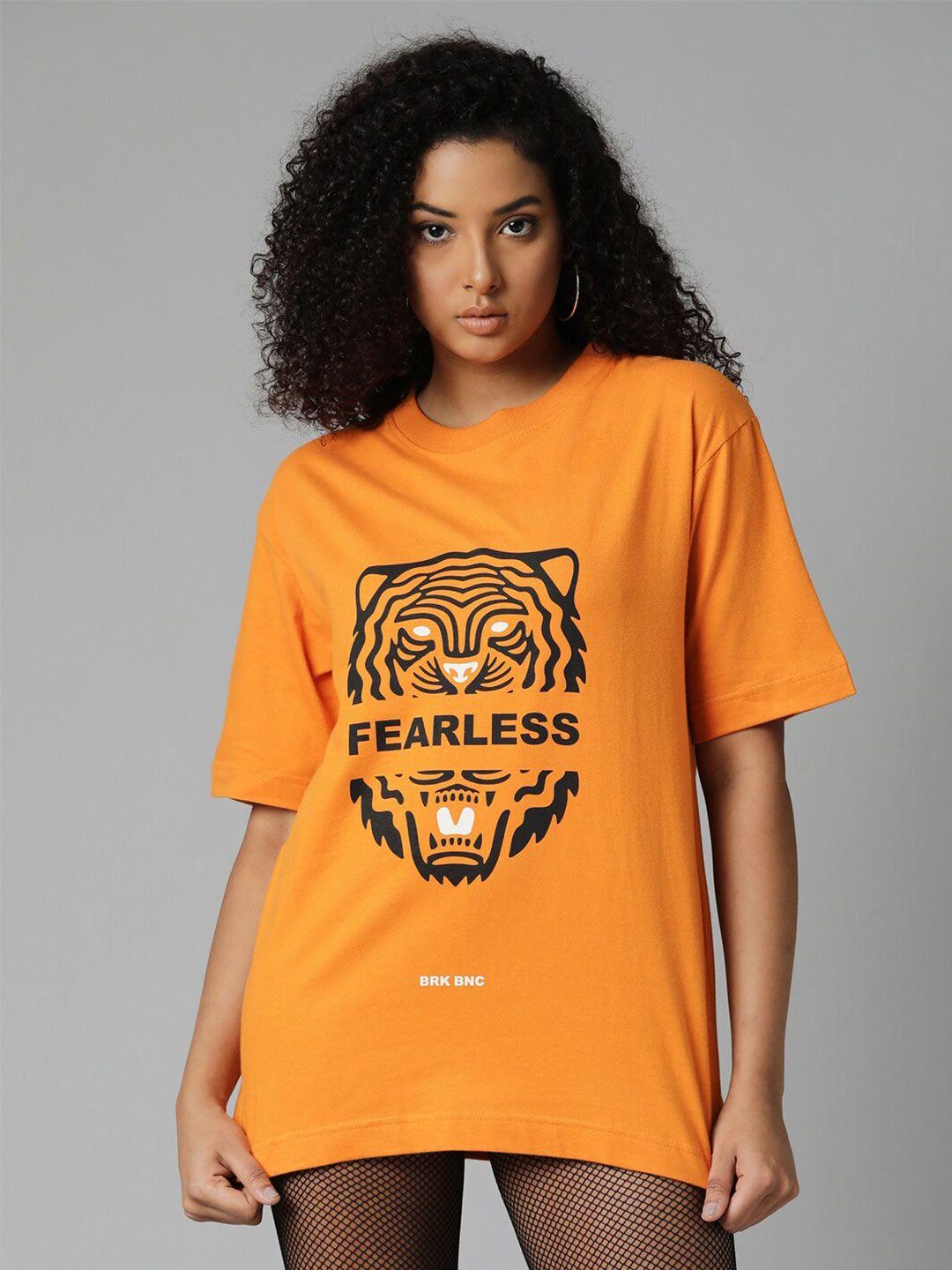 breakbounce women orange typography printed applique t-shirt