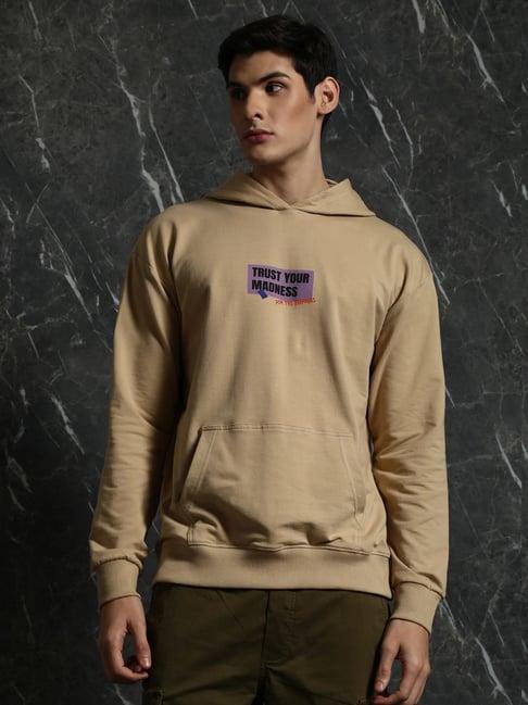 breakbounce beige relaxed fit printed hooded sweatshirt