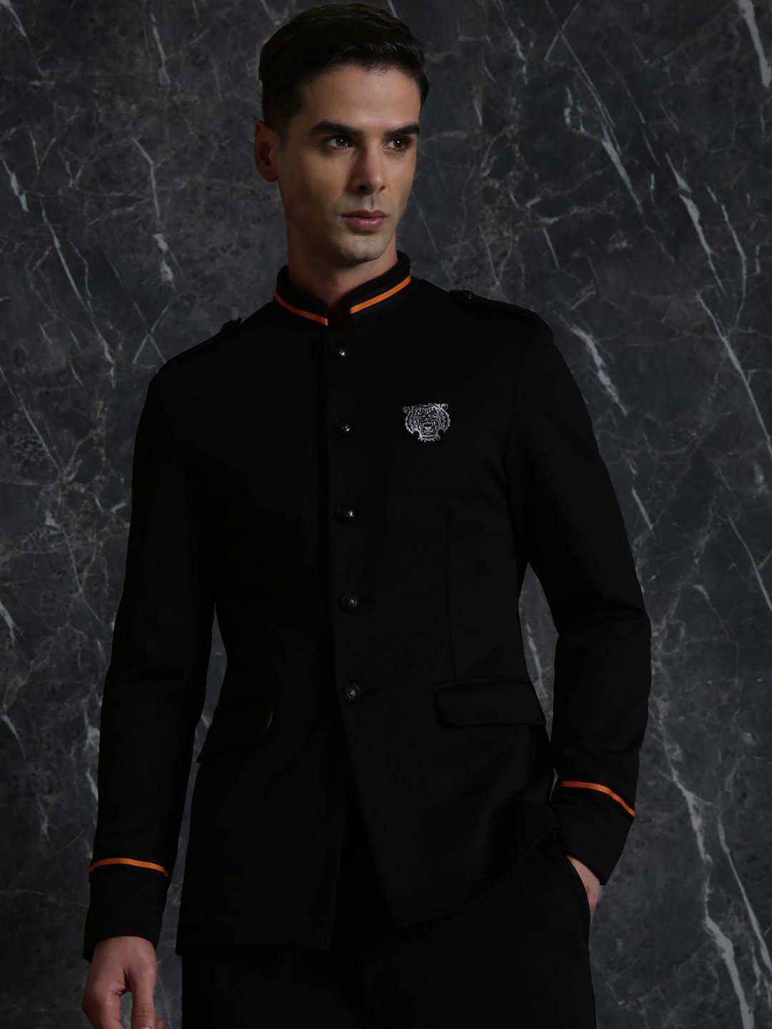 breakbounce black mandarin collar long sleeves single-breasted relaxed-fit blazer