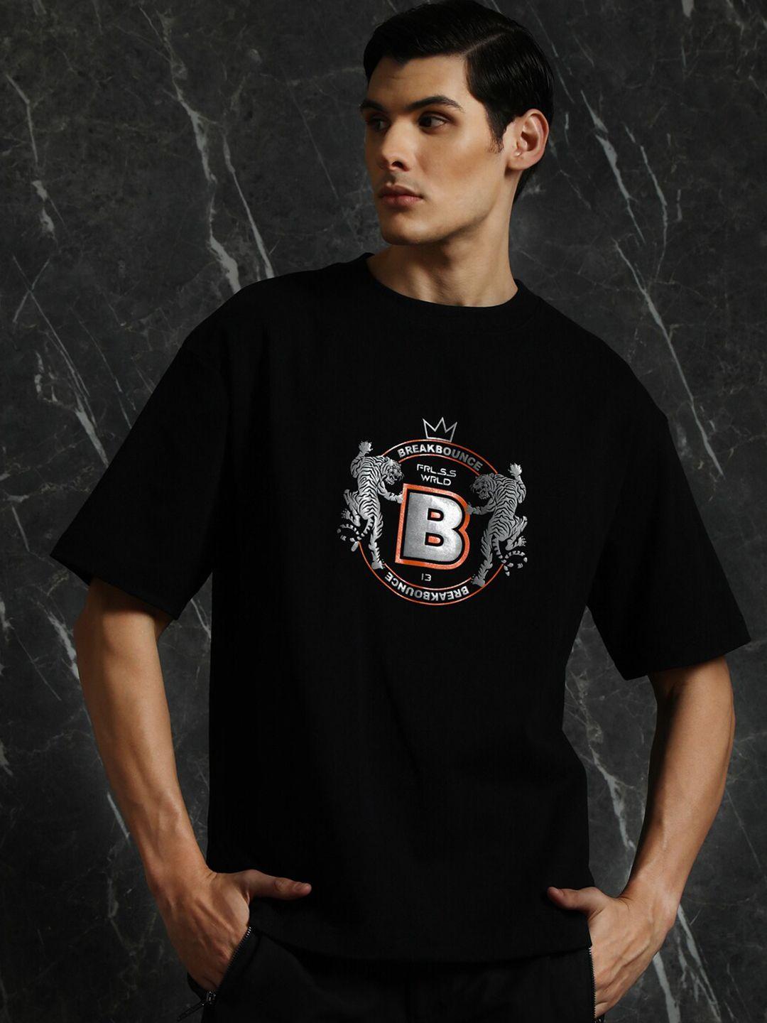 breakbounce black typography printed drop-shoulder sleeves cotton oversized t-shirt