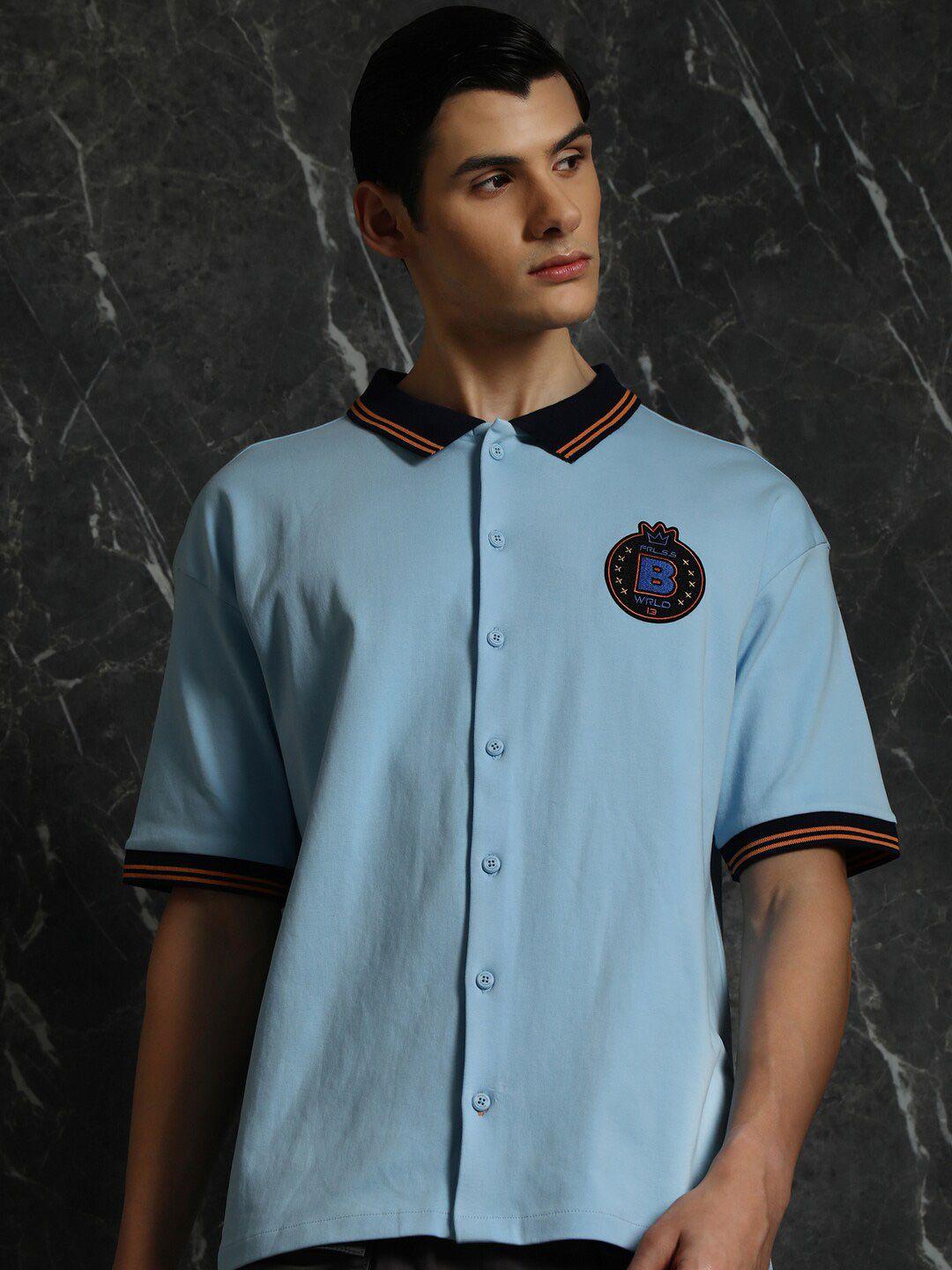 breakbounce blue applique detailed oversized cotton casual shirt