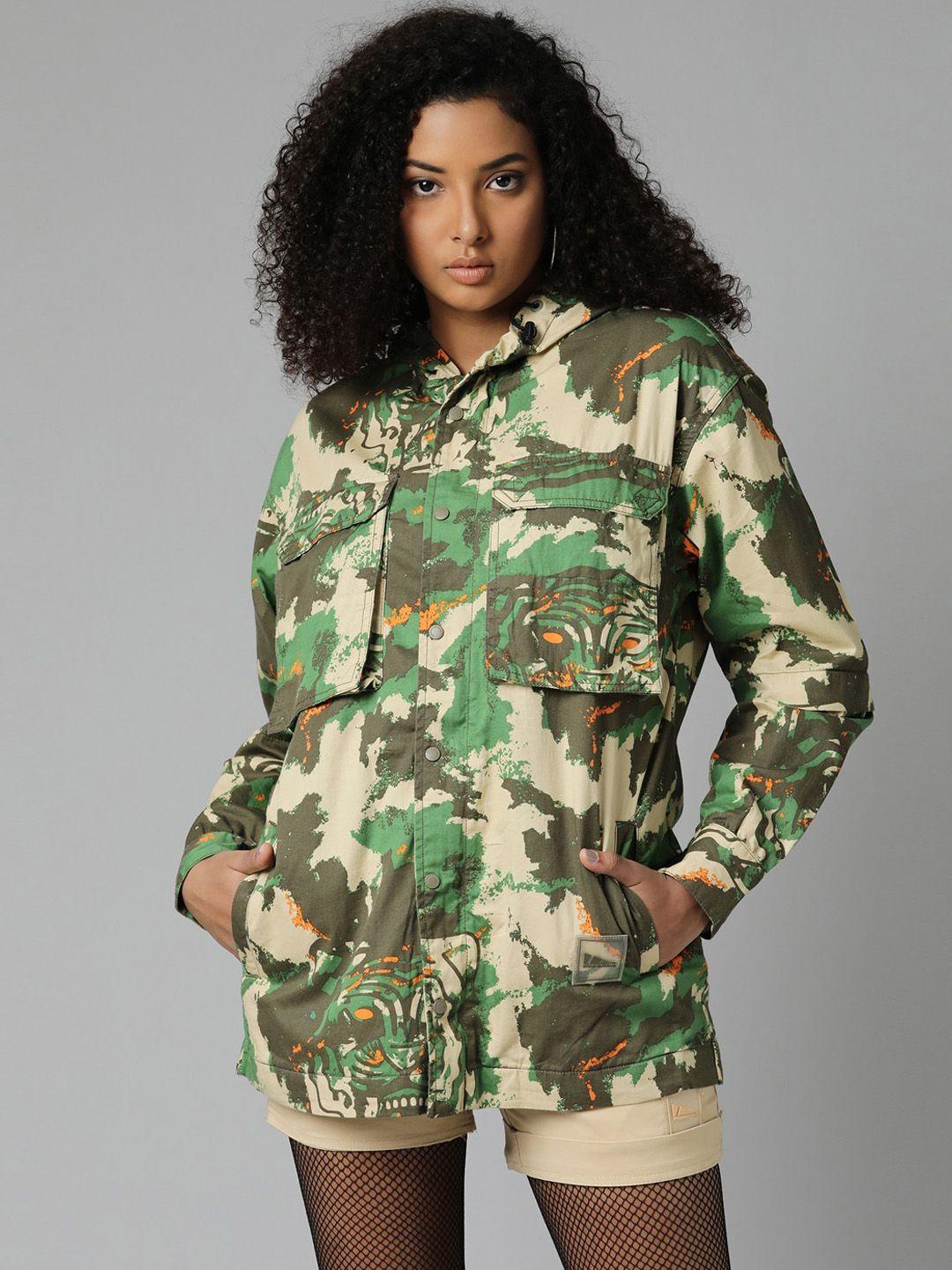 breakbounce green & beige camouflage printed hooded cotton tailored jacket