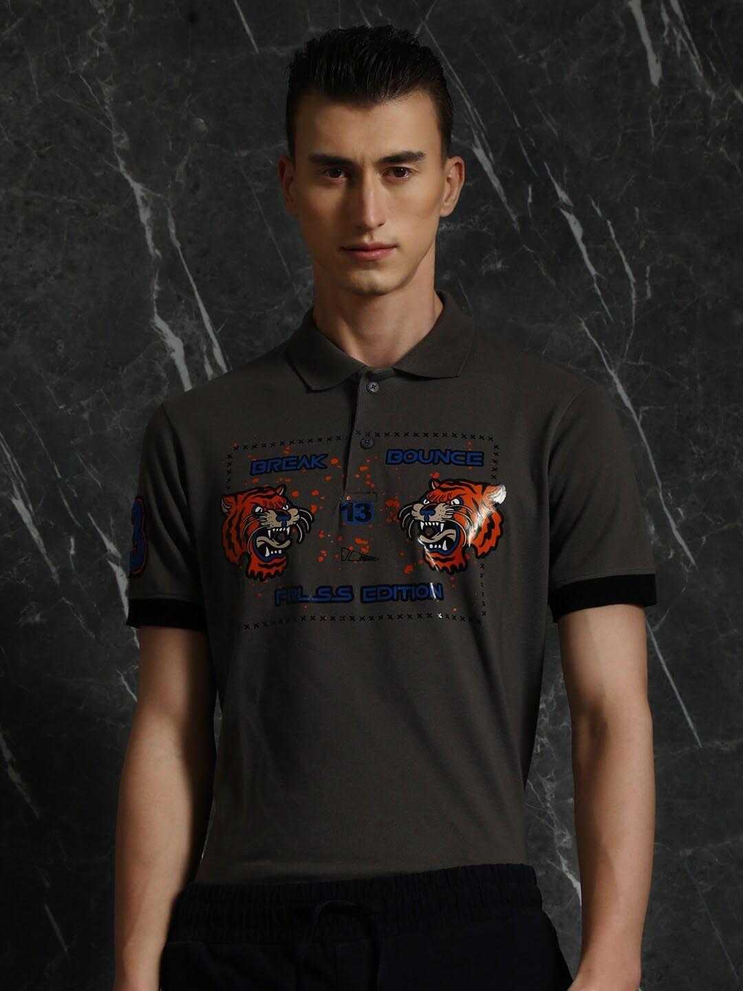 breakbounce grey & orange silicon printed polo collar cotton t-shirt