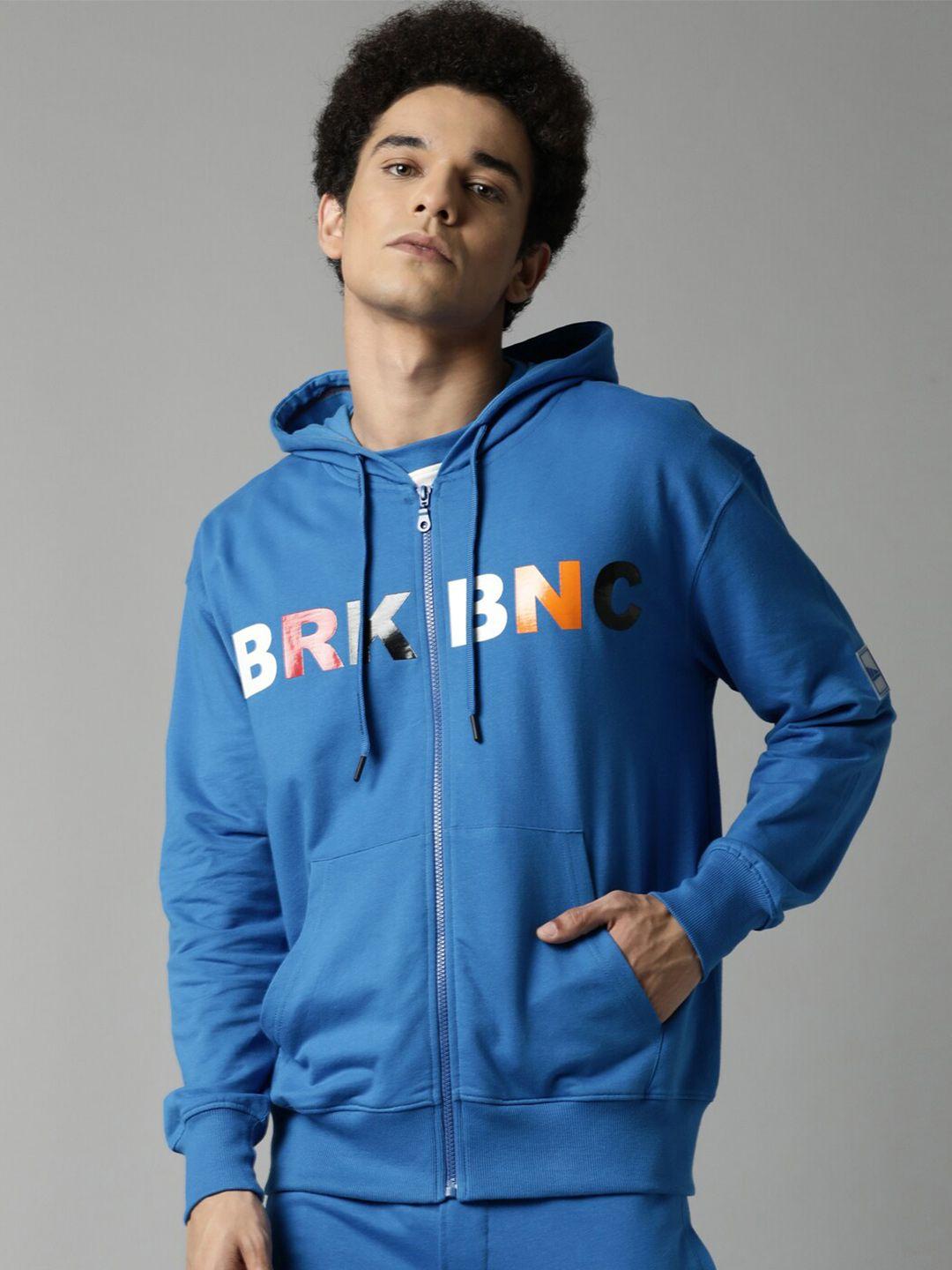 breakbounce men blue printed hooded pure cotton sweatshirt