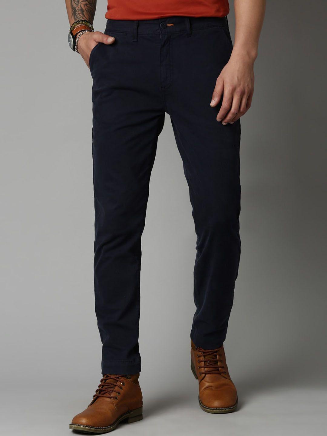 breakbounce men navy blue comfort slim fit chino trousers