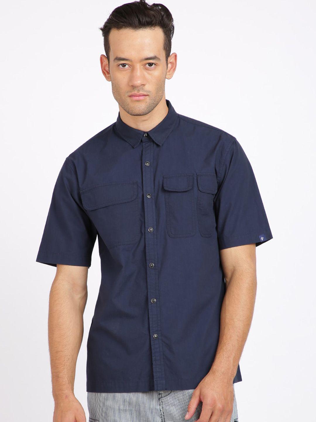 breakbounce men navy blue regular fit solid casual shirt