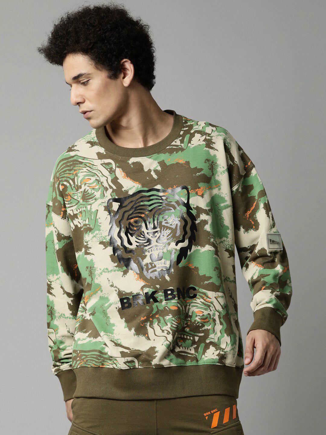 breakbounce men olive green printed pure cotton sweatshirt