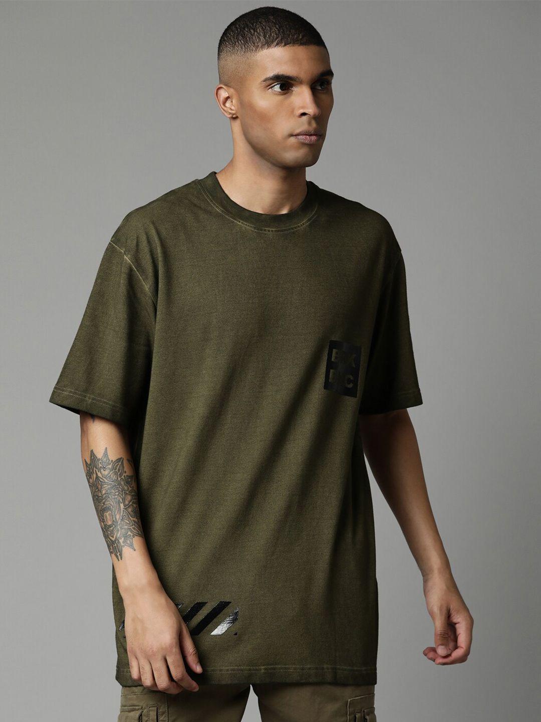 breakbounce men olive green solid pure cotton loose t-shirt