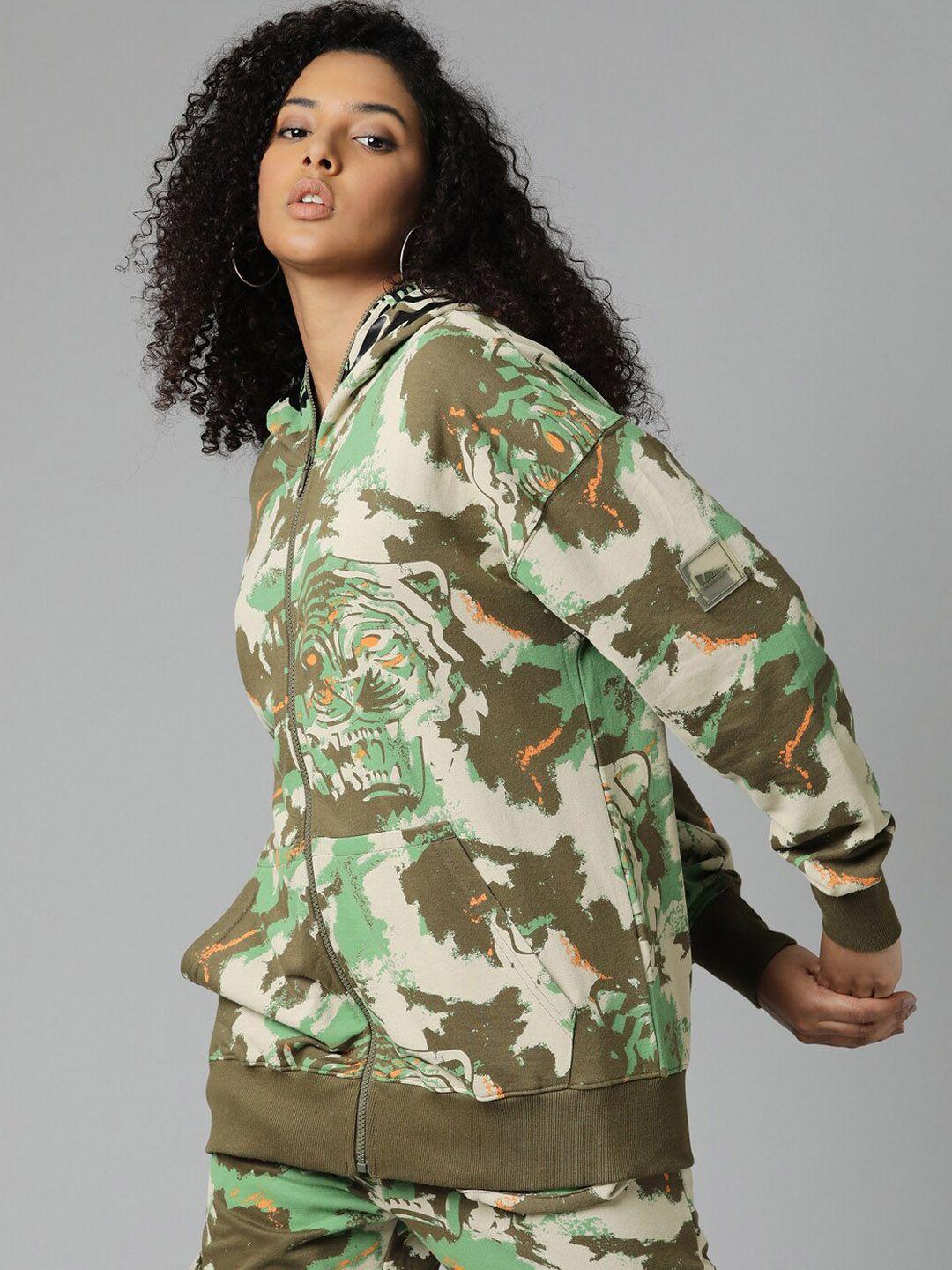 breakbounce olive green & cream women camouflage printed hooded jacket