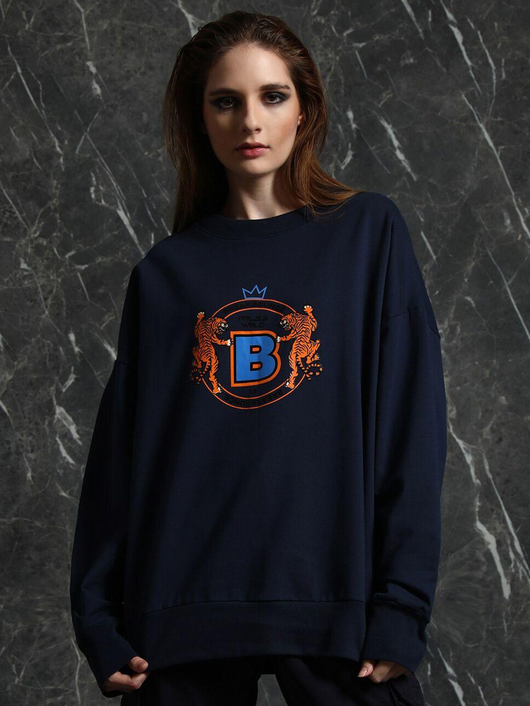 breakbounce women navy blue printed sweatshirt