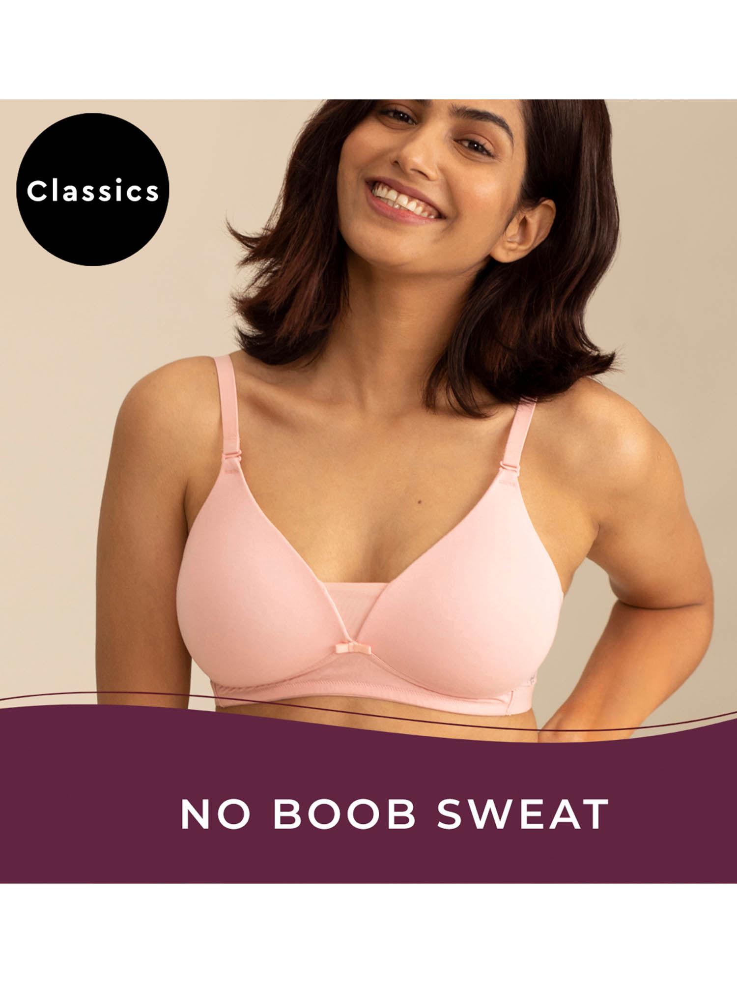 breathe cotton padded wireless triangle t-shirt bra 3/4th coverage - pink nyb003
