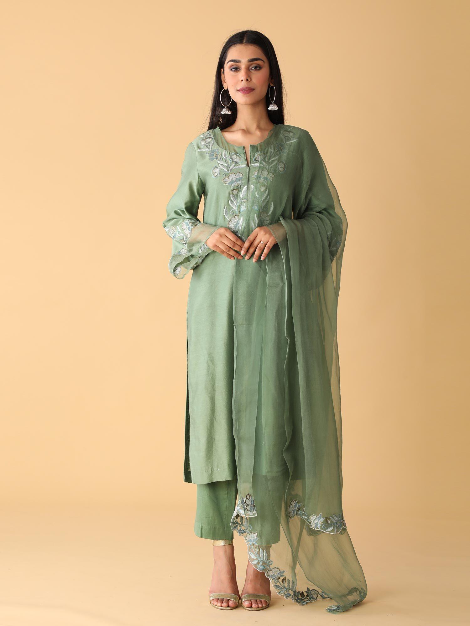 breeze chanderi basil green set (3 pcs)