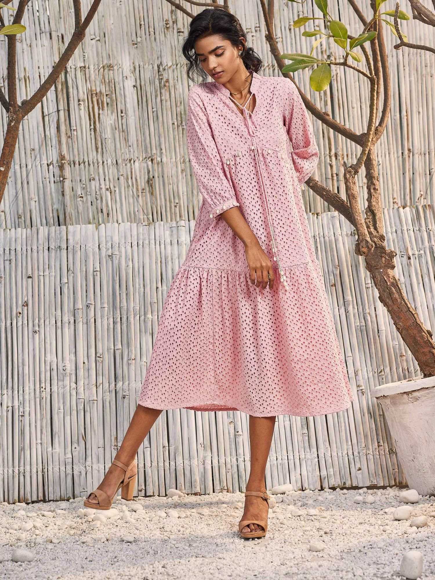 breezy cotton cutwork dress in blush pink