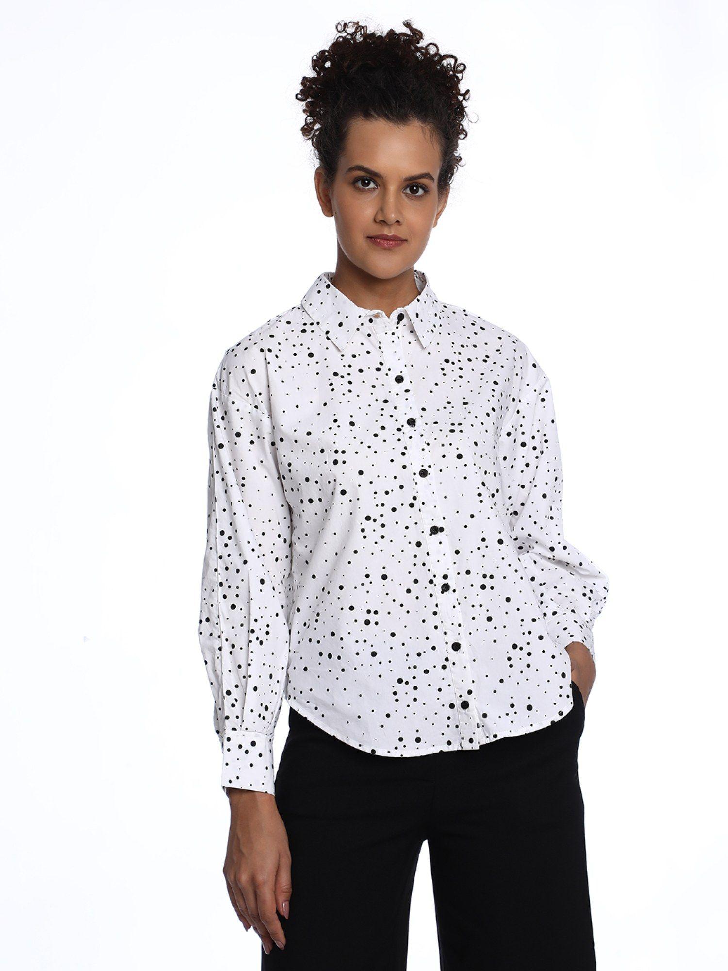 brenda white and black polka dots print cotton drop shoulder shirt for women