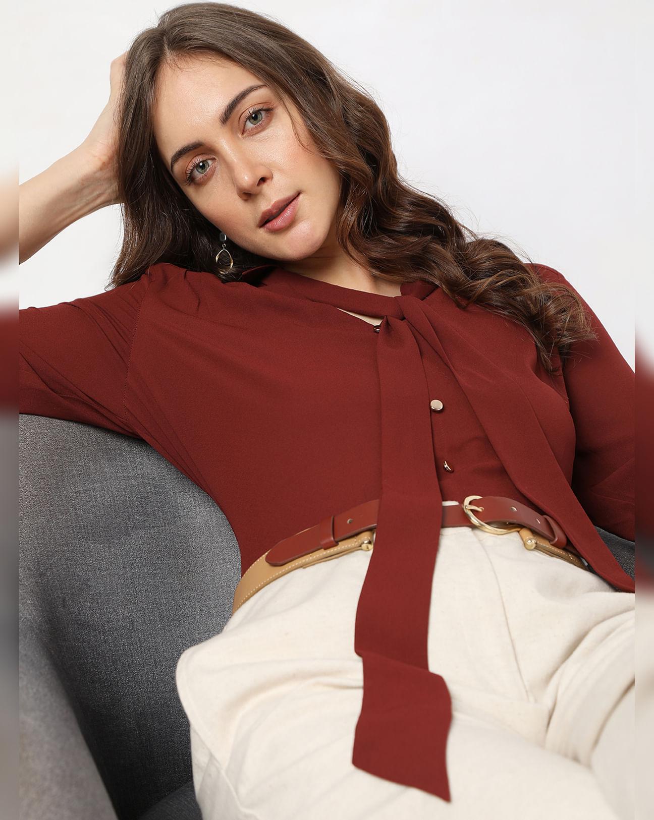 brick red front tie-up shirt