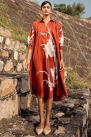 brick red mul lino printed dress