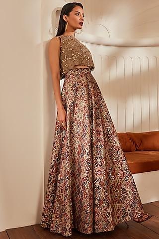 brick & beige printed lehenga set