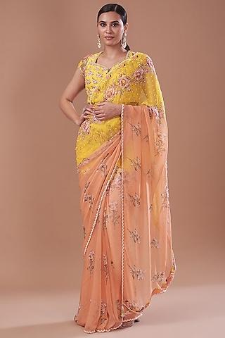 brick & yellow chiffon printed saree set