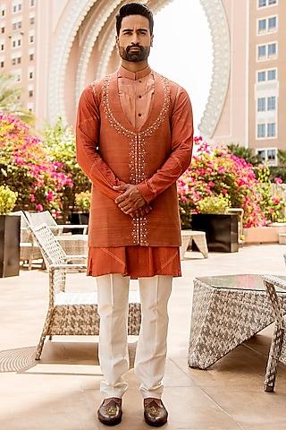 brick colored kurta set with jacket for boys