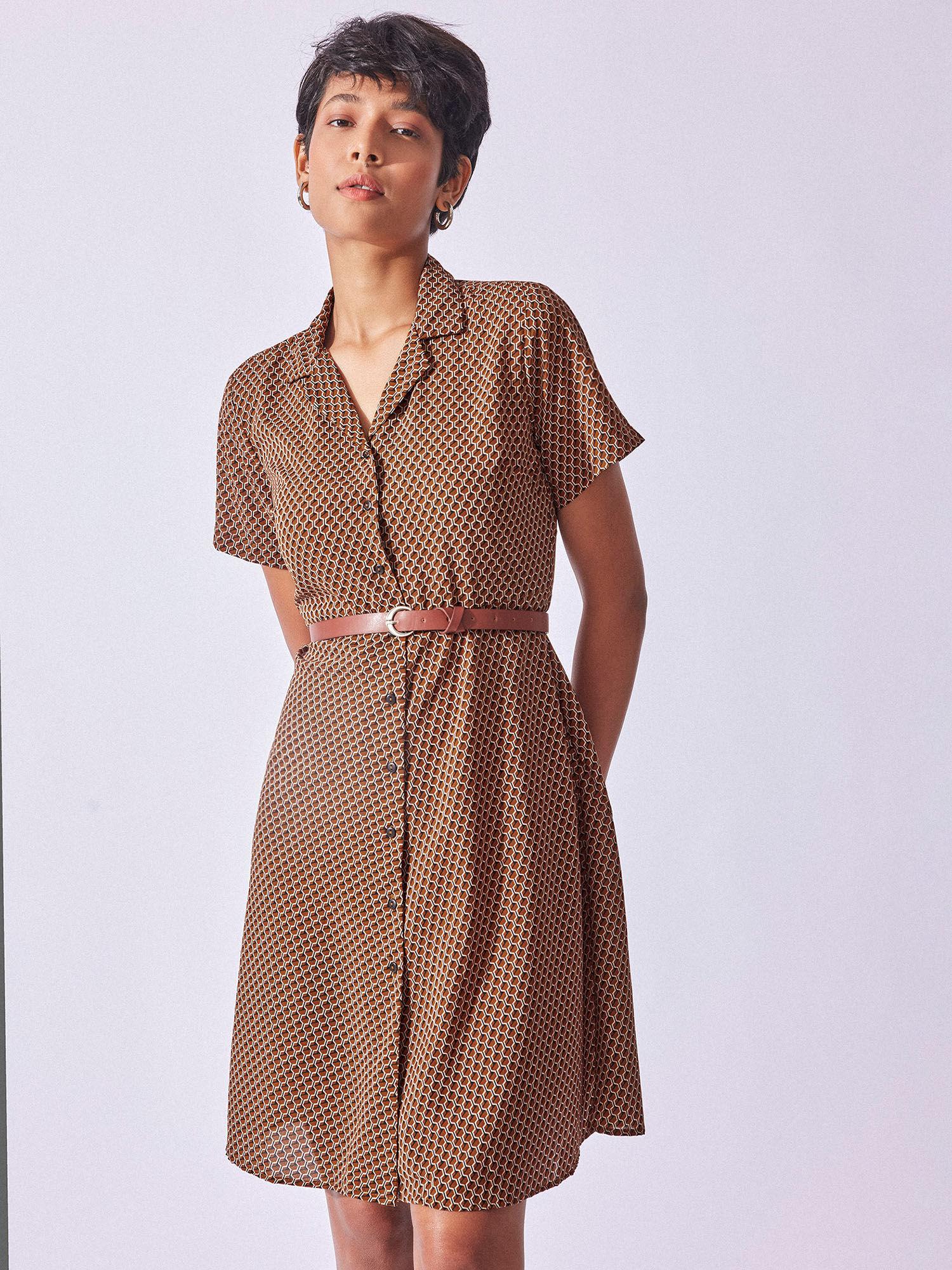 brick geo button down dress brown (set of 2)