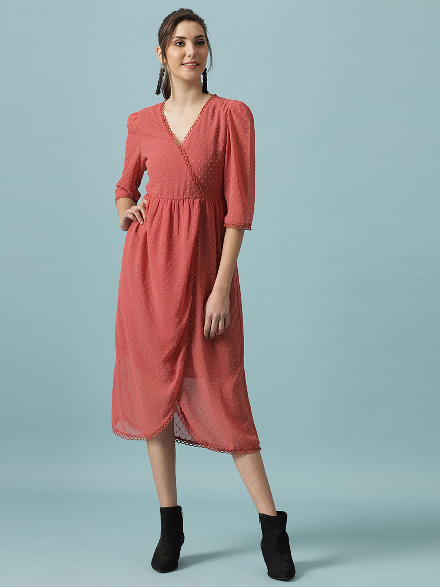 brick pink midi length v-neck polyester dress