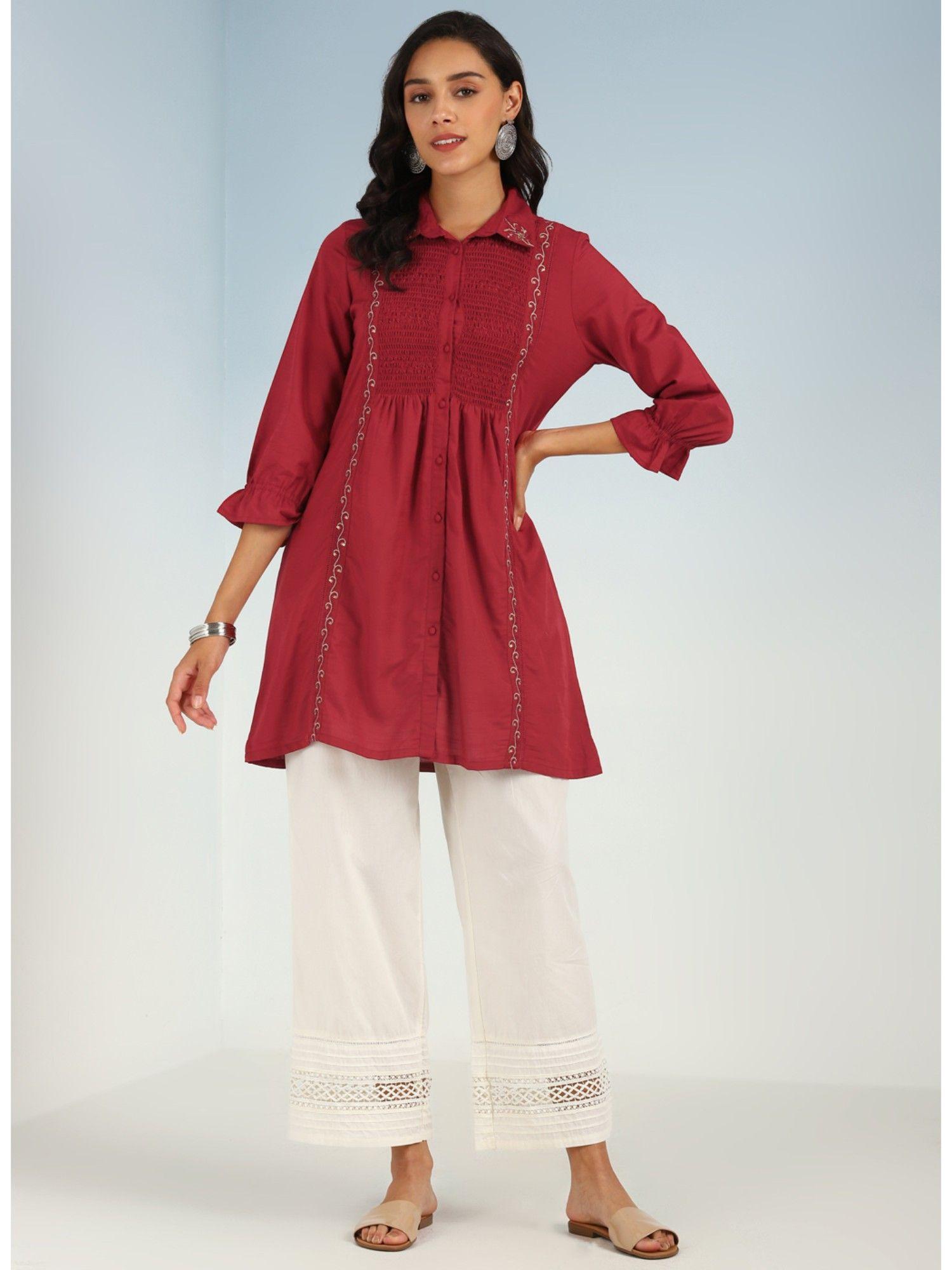 brick red a line tunic with smocking front and classic collar