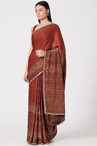 brick red ajrakh printed saree