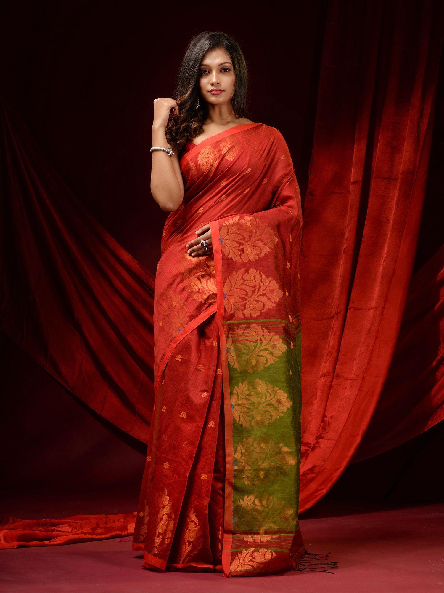 brick red blended cotton woven buttas and floral borders saree with unstitched blouse