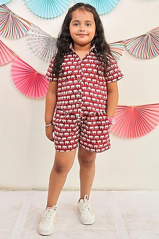 brick red cotton block printed co-ord set for girls