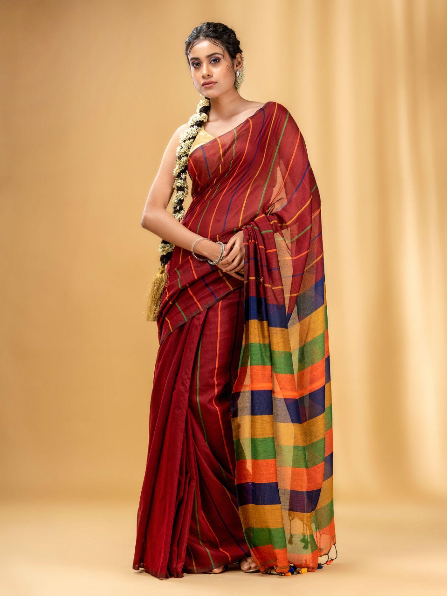 brick red cotton handwoven soft saree with stripe pattern with unstitched blouse