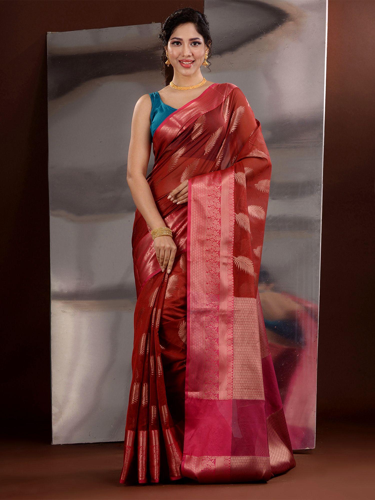 brick red cotton silk handwoven saree with unstitched blouse