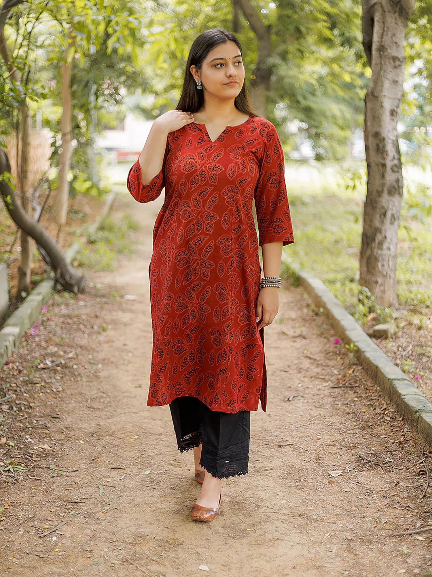 brick red dabu kurta with black palazzo (set of 2)