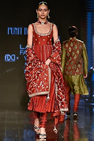 brick red embroidered anarkali set