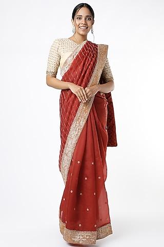 brick red embroidered saree set