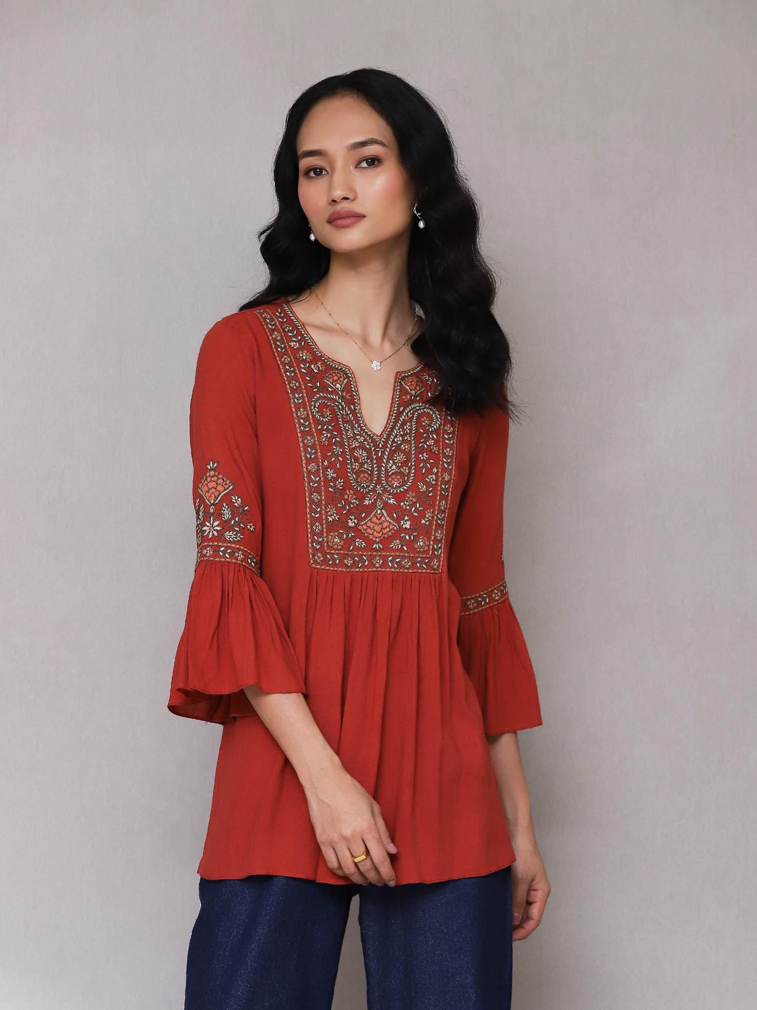 brick red embroidered top