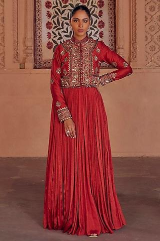 brick red fine silk mughal hand embroidered anarkali with jacket