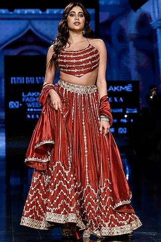 brick red hand embroidered crushed lehenga set