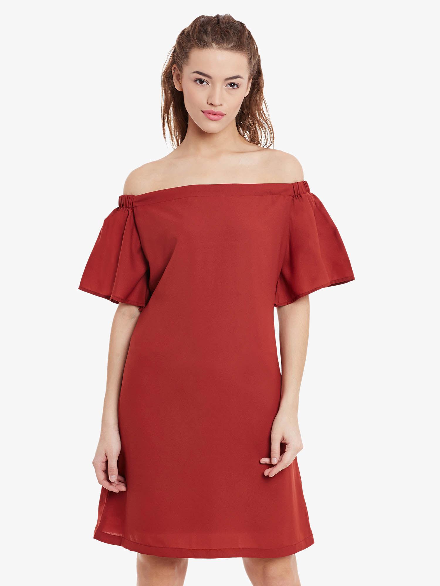 brick red knee length bardot dress