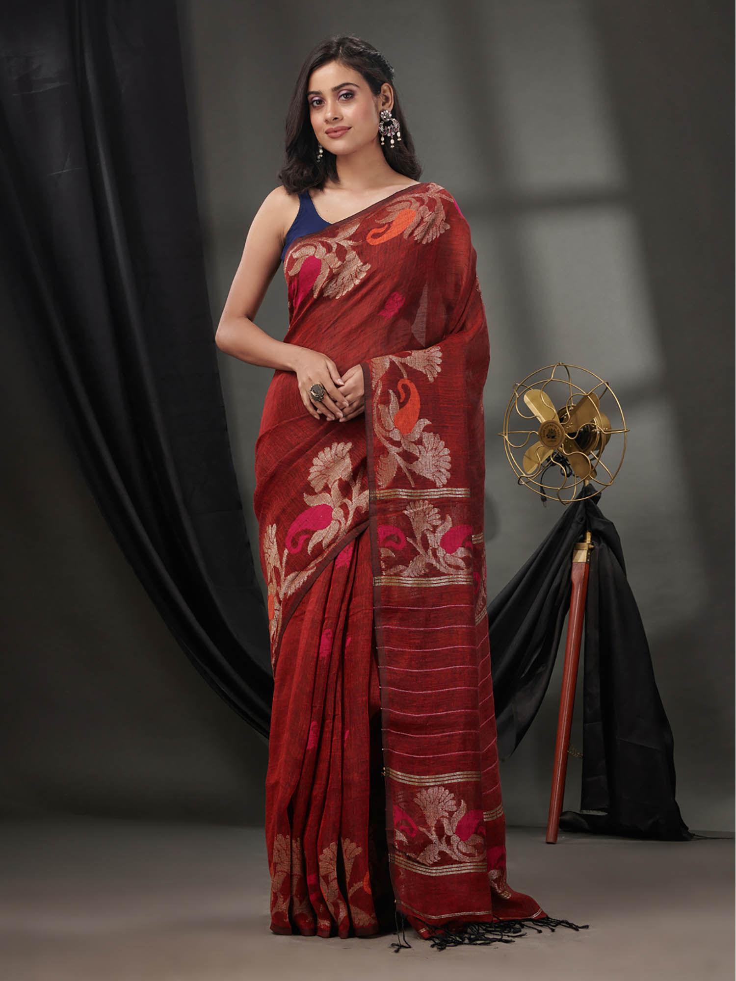 brick red linen handwoven saree with nakshi borders & unstitched blouse