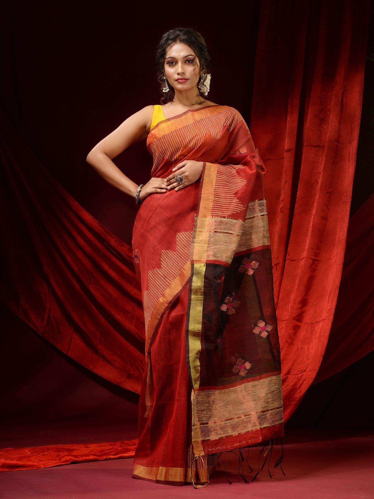 brick red linen temple borders and woven floral motifs saree with unstitched blouse